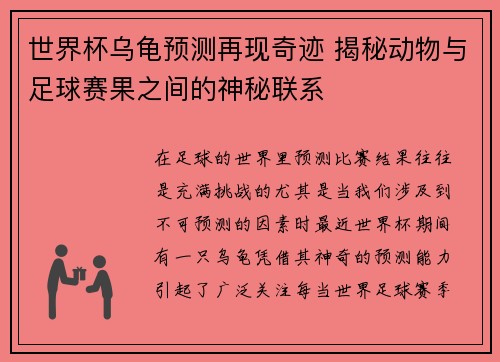 世界杯乌龟预测再现奇迹 揭秘动物与足球赛果之间的神秘联系