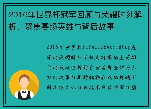 2016年世界杯冠军回顾与荣耀时刻解析，聚焦赛场英雄与背后故事